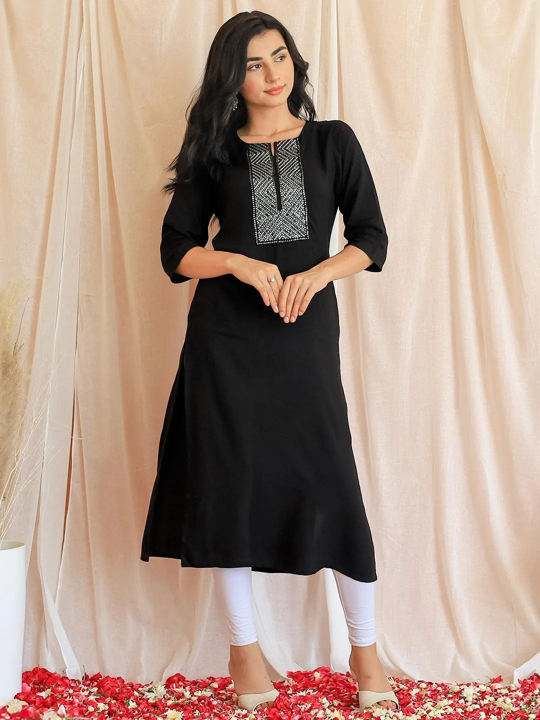 Black Embellished Rayon Straight Kurta - Image 2
