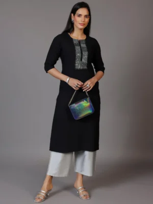 Black Embellished Rayon Straight Kurta