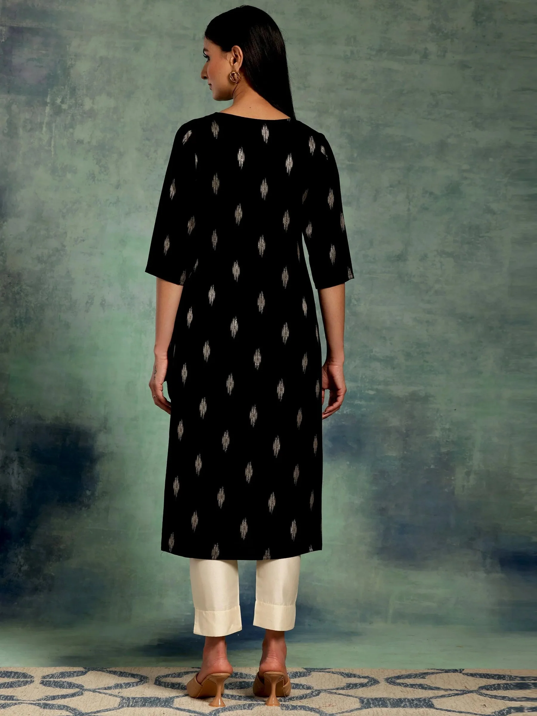 Black Woven Design Rayon Straight Kurta - Image 3