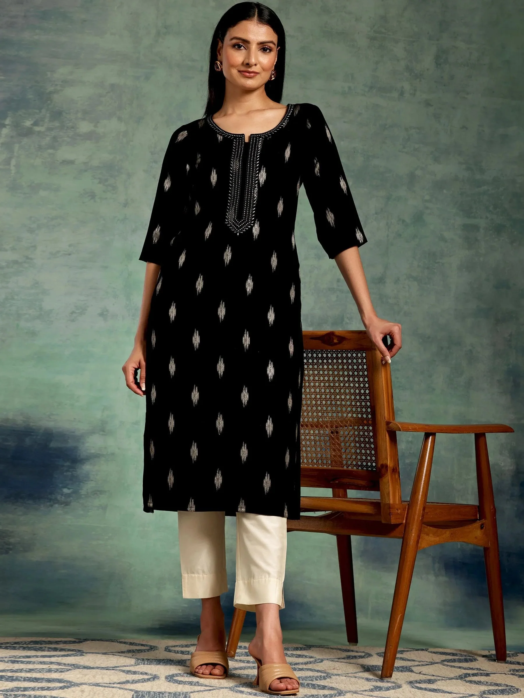 Black Woven Design Rayon Straight Kurta - Image 4