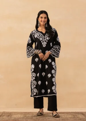 Rayon Chikankari Solid Women's Long Kurta - Black