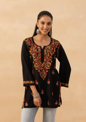 Rayon Chikankari Solid Women's Short Kurta -Black
