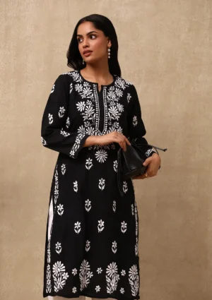 Nida Chikankari Cotton Black Straight Kurta