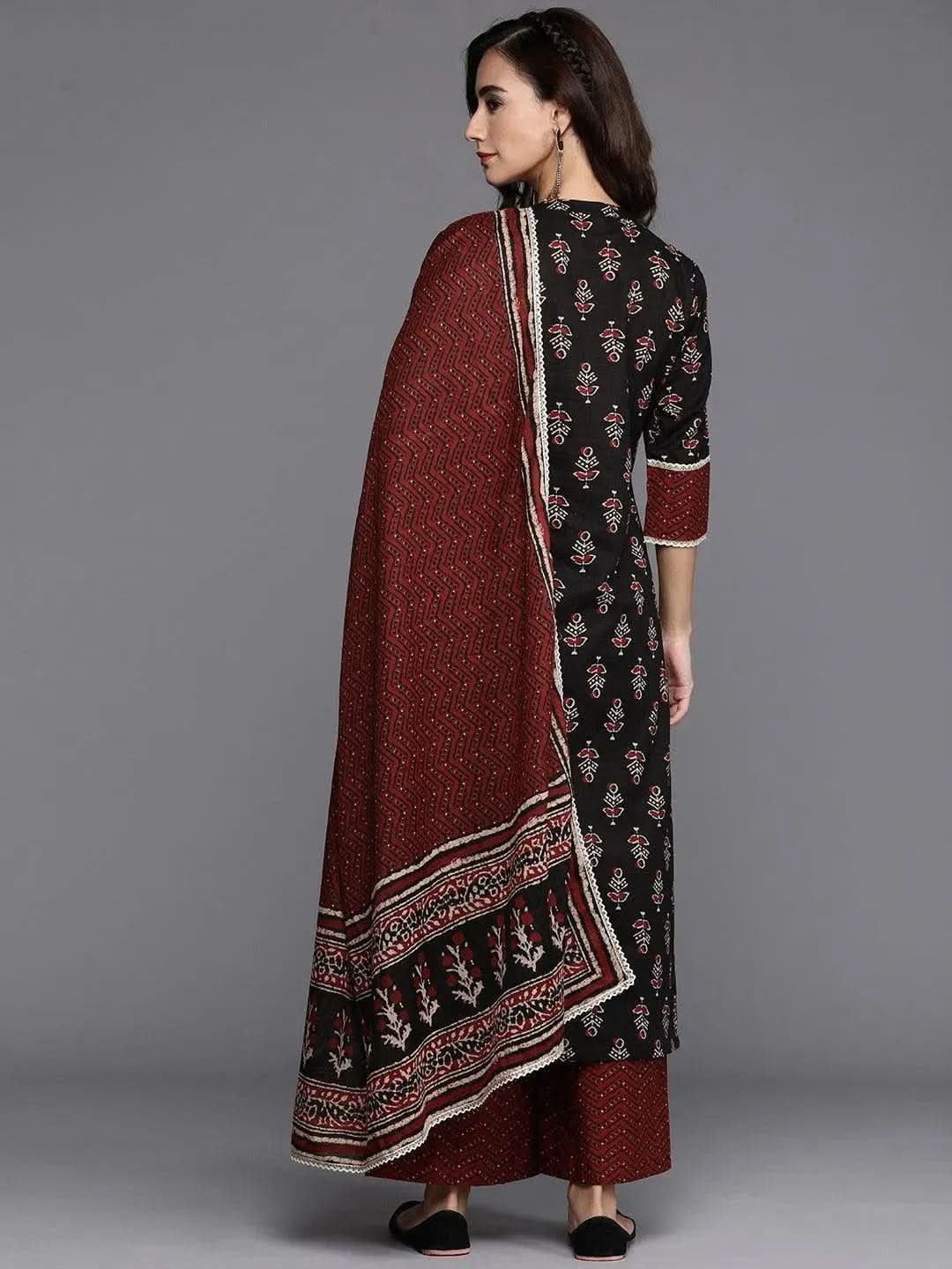 Black Solid Cotton Straight Kurta With Palazzos & Dupatta - Image 2