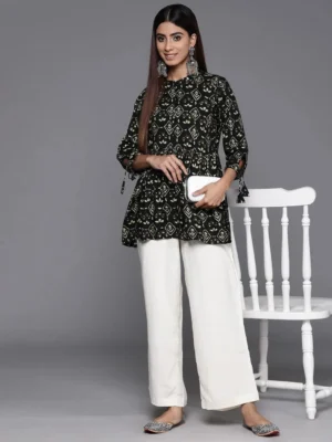 Black Printed Rayon A-Line Short Kurti