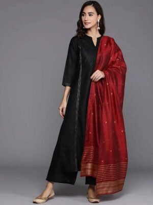 Black Solid Cotton Straight Kurta With Palazzos & Dupatta