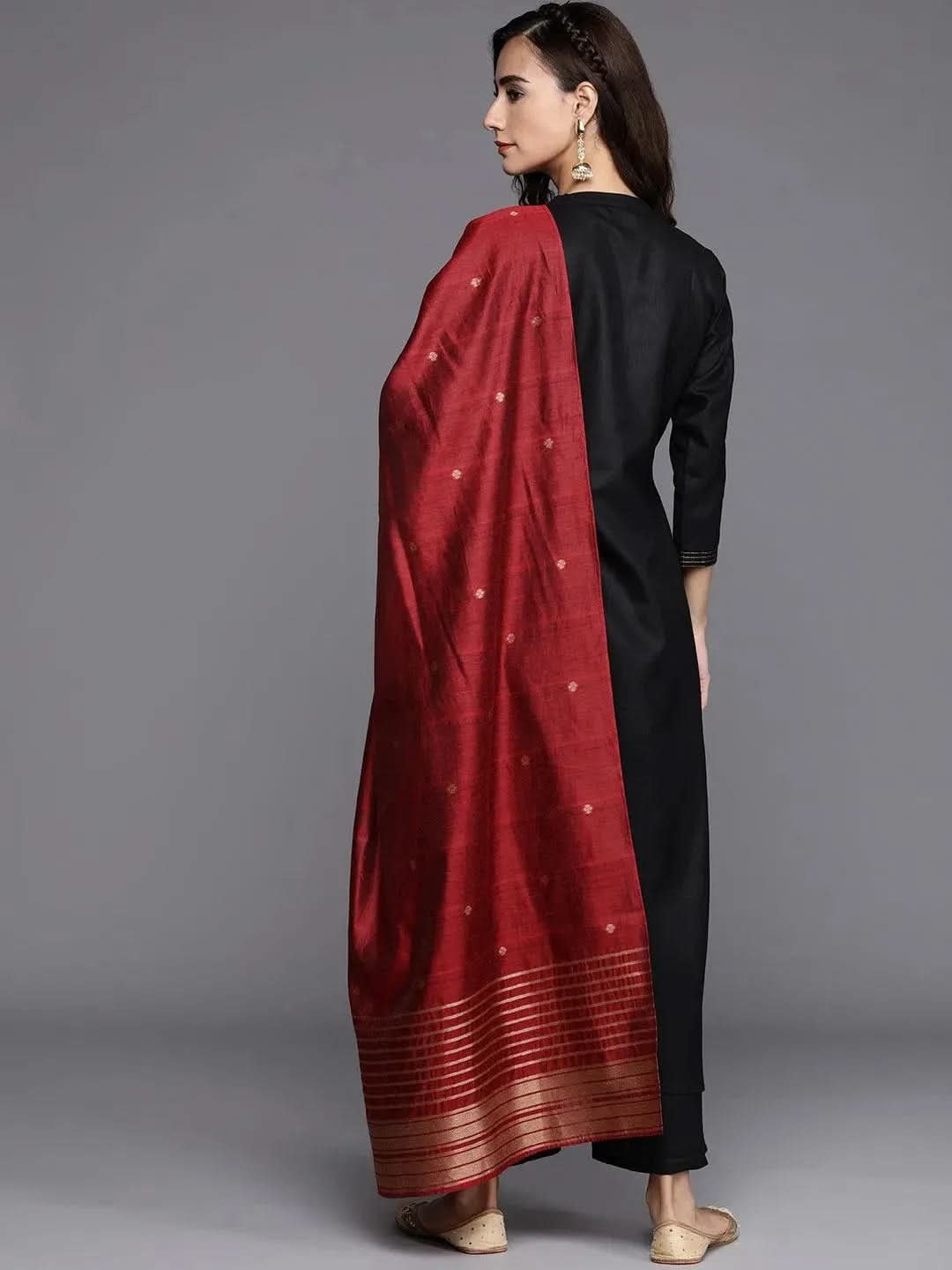 Black Solid Cotton Straight Kurta With Palazzos & Dupatta - Image 5